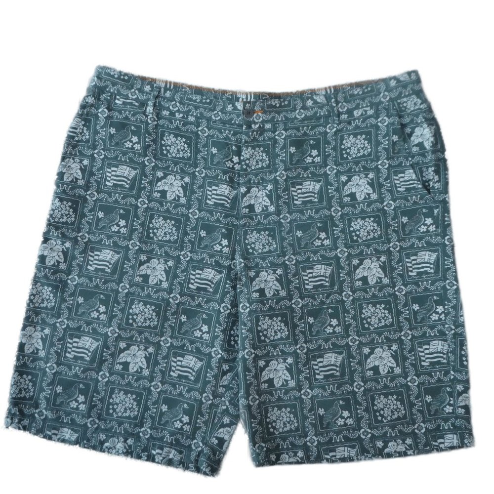 Reyn Spooner Chino Shorts Patchwork Design Green Ivory Hawaii Flag Nene Floral